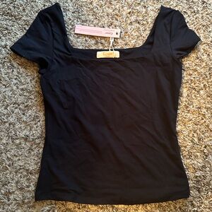 Stretchy Black Square Neck Short Sleeve Women's Top